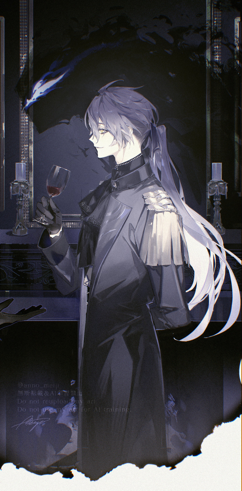 1boy, absurdres, alcohol, alternate_costume, alternate_hairstyle, anno_meiji, antenna_hair, arm_behind_back, arm_up, ascot, black_ascot, black_coat, black_gloves, black_shirt, blue_hair, candle, candlestand, closed_mouth, coat, collared_shirt, commentary_request, cup, drinking_glass, epaulettes, flins_(genshin_impact), genshin_impact, gloves, gradient_hair, grey_hair, highres, holding, holding_cup, lapels, long_sleeves, male_focus, multicolored_hair, parted_bangs, picture_frame, profile, shirt, sleeve_cuffs, smile, solo, standing, watermark, wine, wine_glass, yellow_eyes