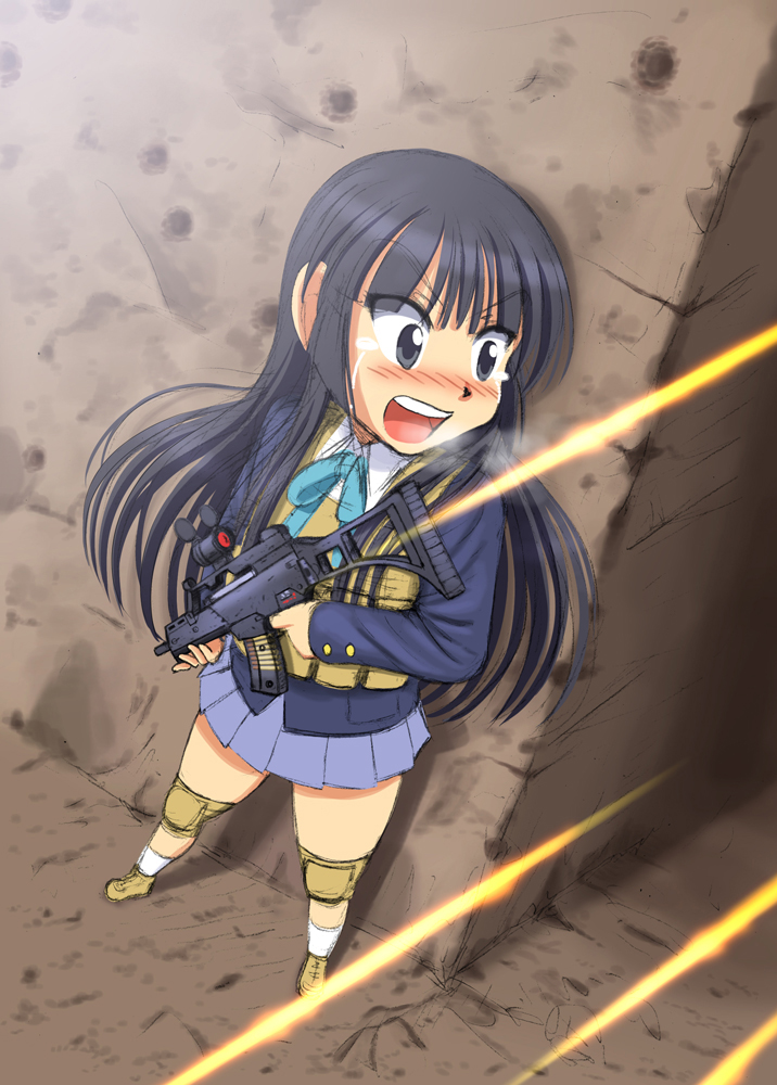 akiyama_mio, battle, black_eyes, black_hair, blazer, blush, g36c, gun