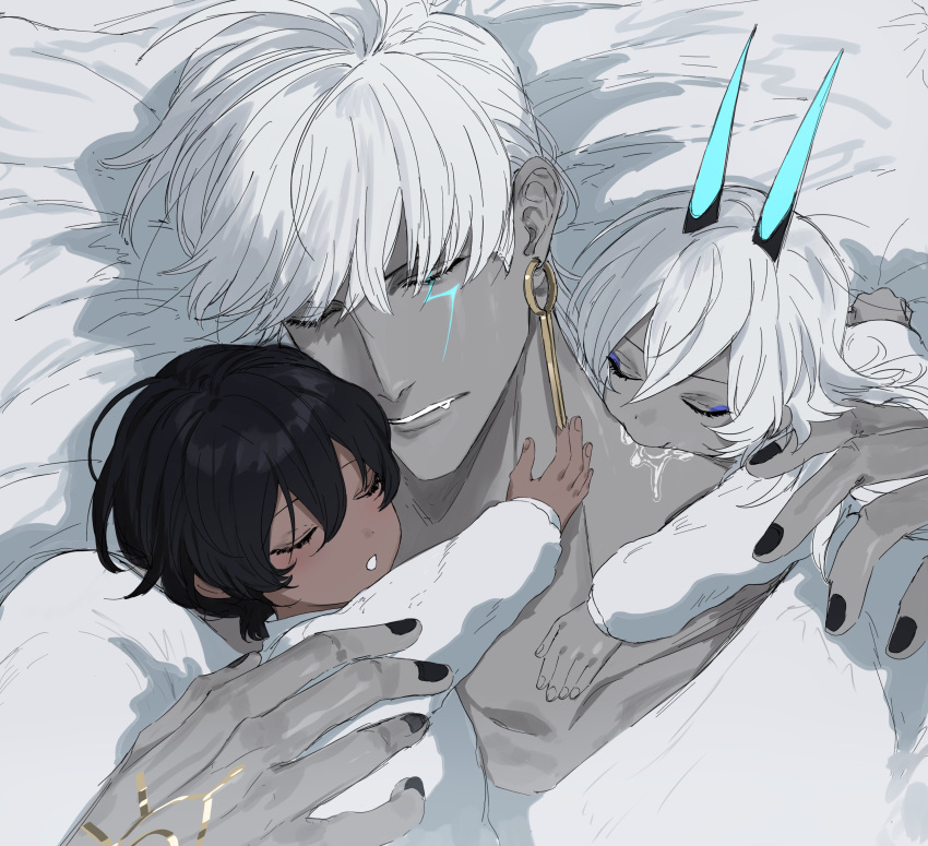 3boys, absurdres, arjuna_(fate), biting, biting_neck, black_hair, black_nails, boy_vajra_(fate)