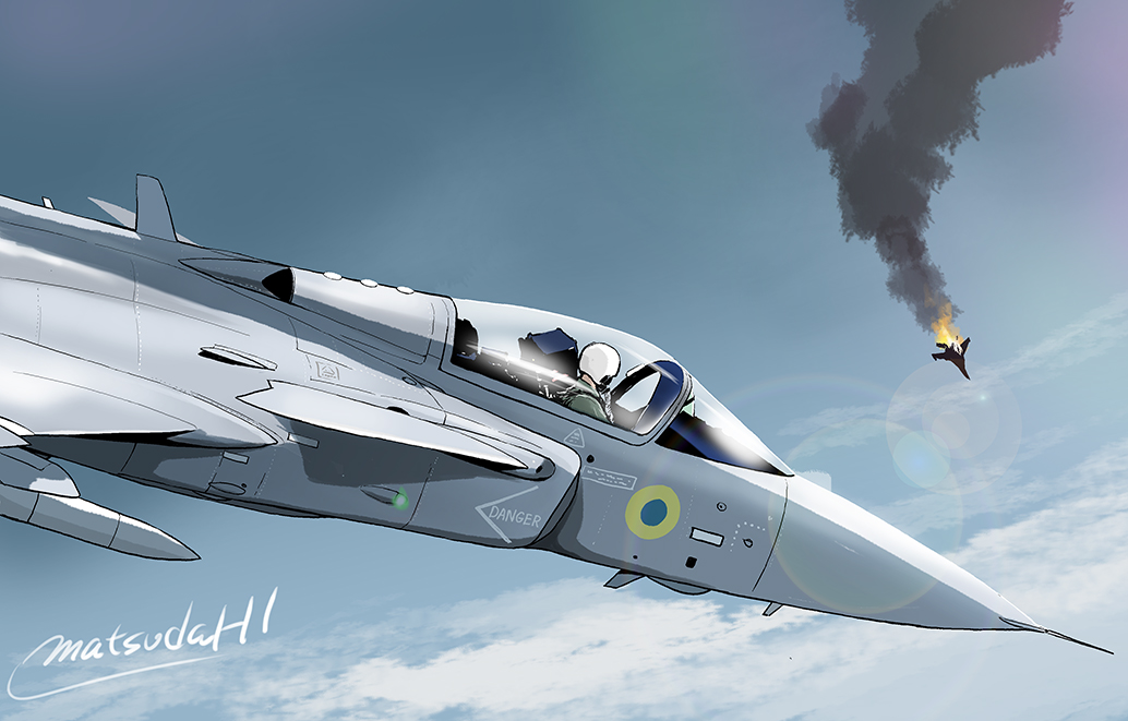 aircraft, airplane, artist_name, burning, fighter_jet, fire, flying, helmet
