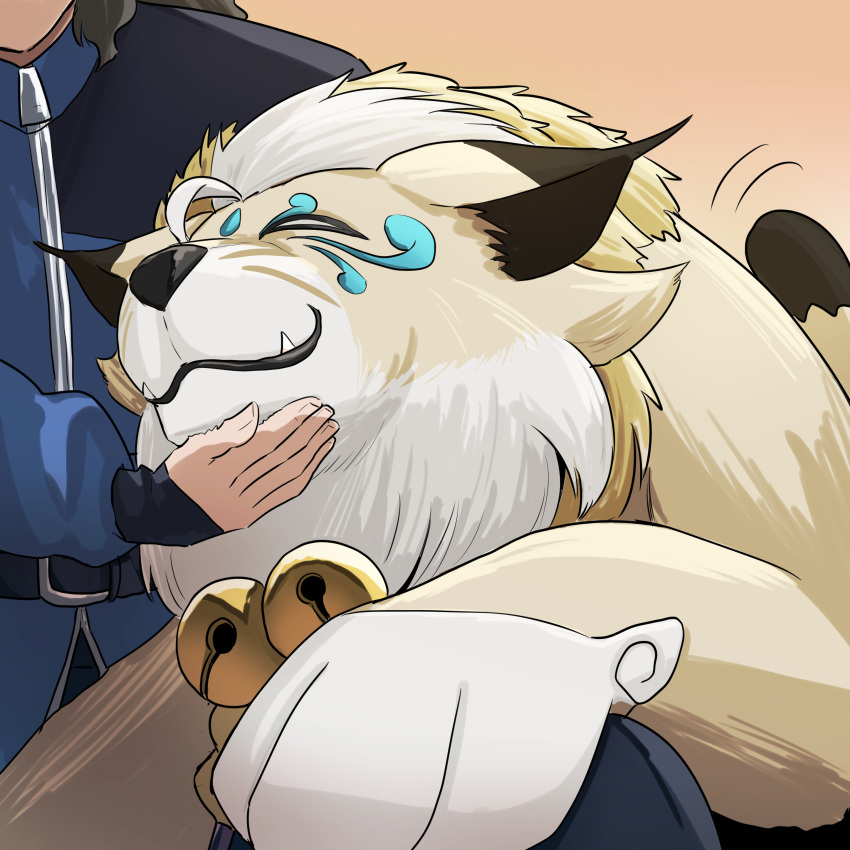 1boy, absurdres, animal_focus, black_jacket, blue_jacket, closed_eyes, cougarmon, digimon, digimon_(creature), digimon_beatbreak, hasegawa_(hase_popopo), highres, jacket, petting, sawashiro_kyo, simple_background, solo_focus