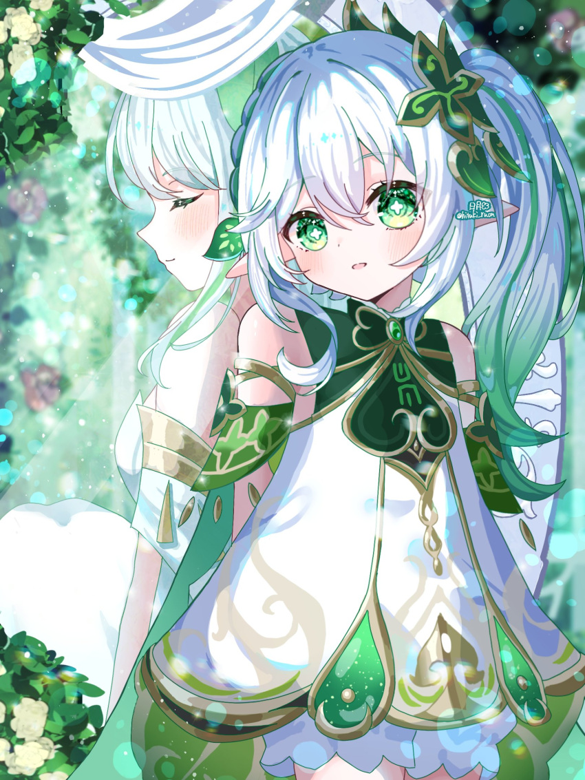 2girls, arms_behind_back, artist_name, back-to-back, bare_shoulders, bloomers, blush, closed_eyes