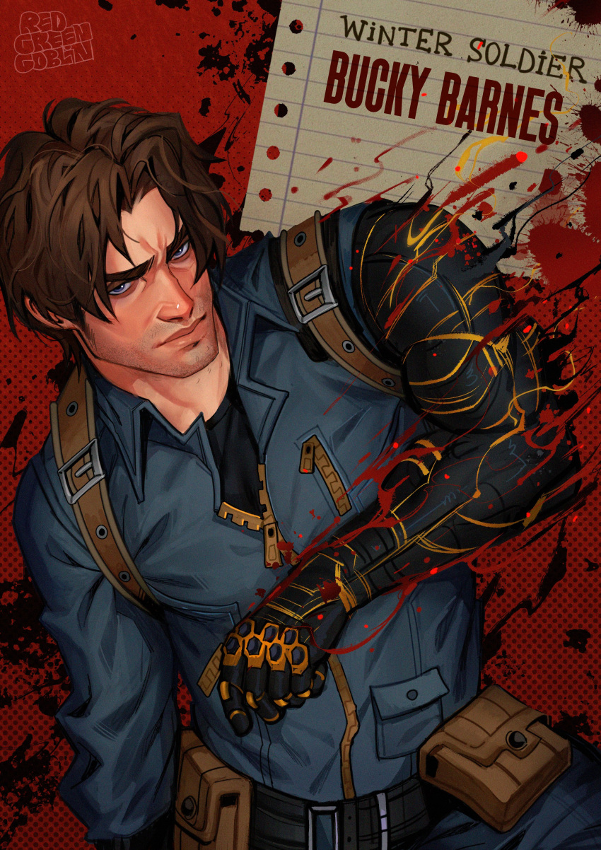 1boy, absurdres, artist_name, belt, black_belt, blue_eyes, blue_jumpsuit, brown_hair
