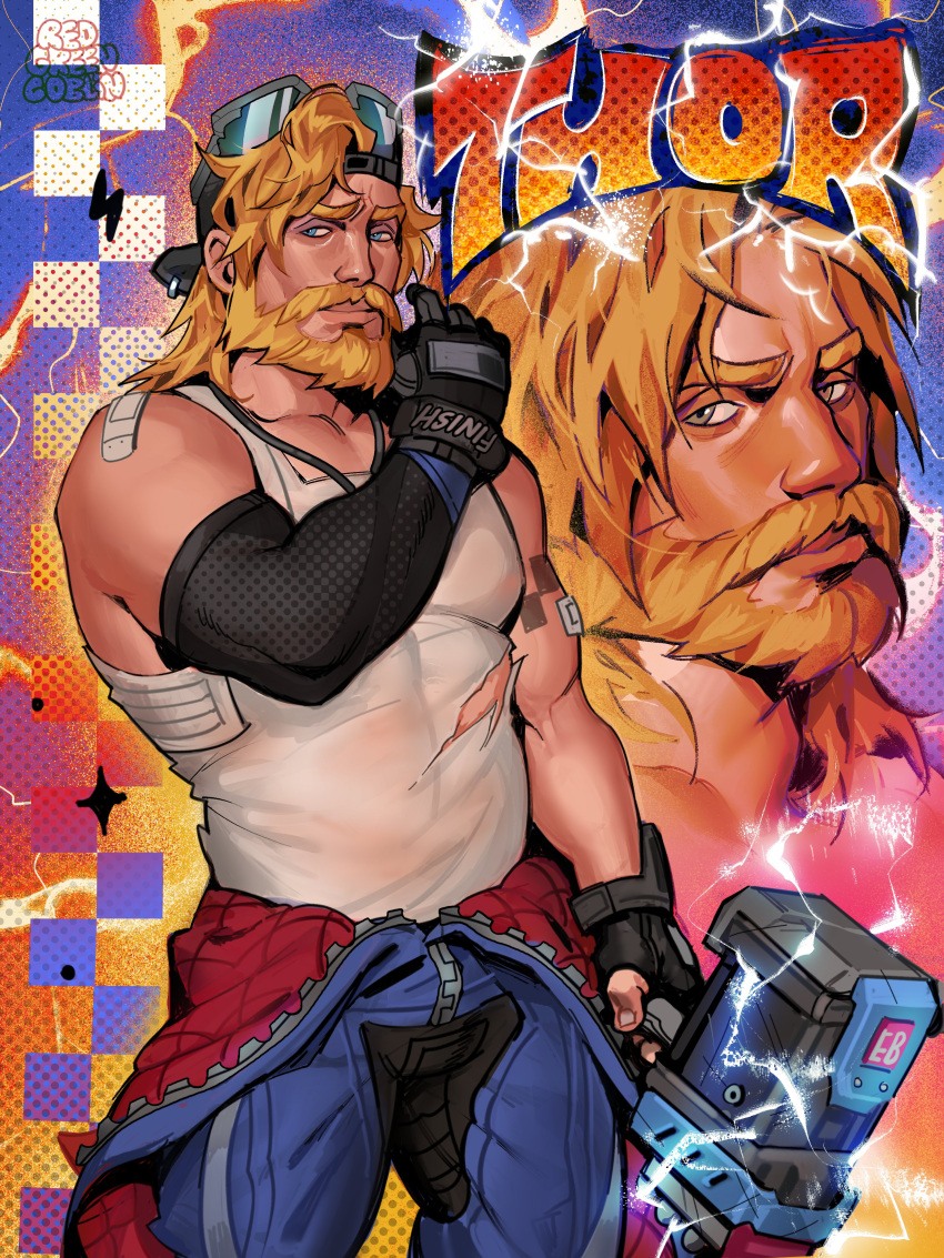 1boy, absurdres, arm_tattoo, backwards_hat, bandaid, bandaid_on_arm, bandaid_on_shoulder, beard, black_bodysuit, black_gloves, blonde_facial_hair, blonde_hair, blue_bodysuit, blue_eyes, bodysuit, character_name, commentary, compression_sleeve, cowboy_shot, english_commentary, eyewear_on_headwear, facial_hair, fingerless_gloves, gloves, hammer, hat, highres, holding, holding_hammer, lightning, looking_to_the_side, male_focus, marvel, marvel_rivals, medium_hair, multiple_views, muscular, muscular_male, official_alternate_costume, redgreengoblin, shirt, solo, tank_top, tattoo, thor_(marvel), thor_(marvel)_(series), torn_clothes, torn_shirt, unzipped, white_tank_top