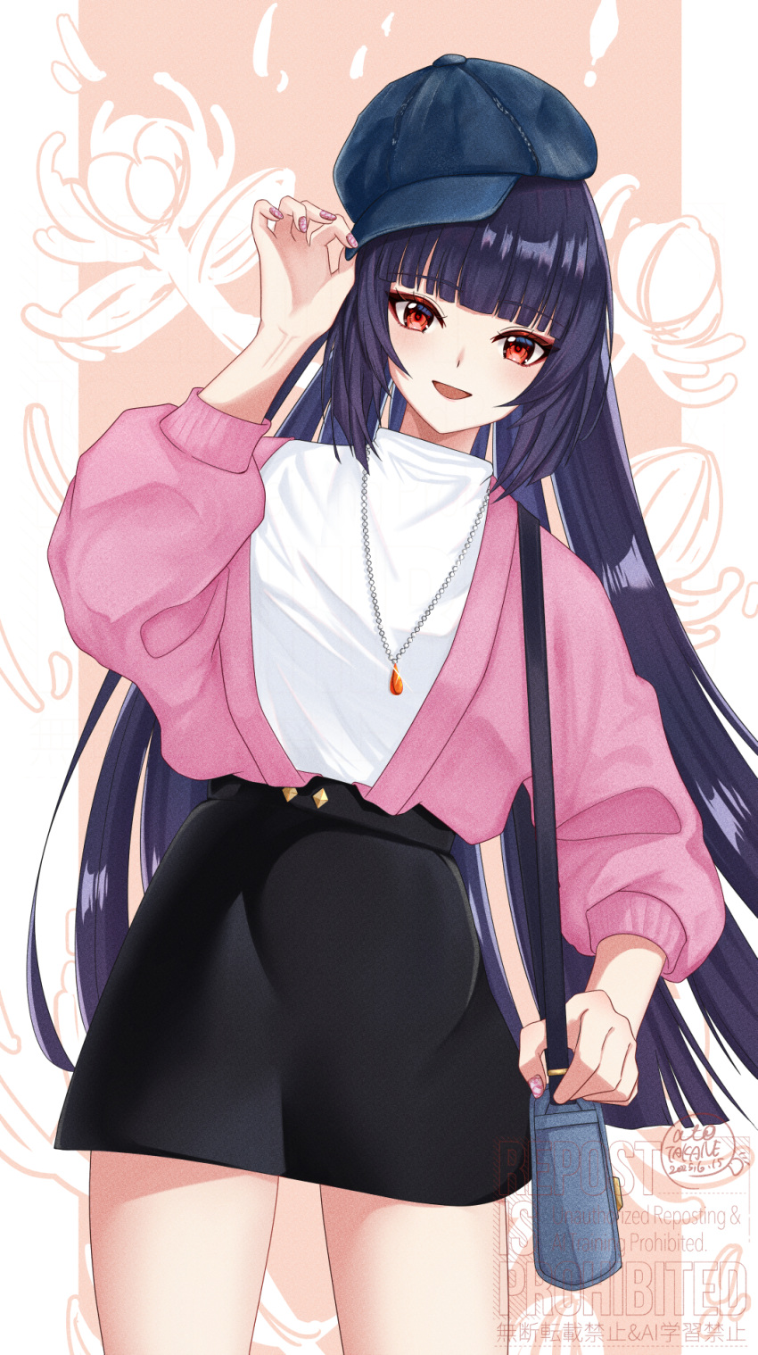 1girl, black_hair, blush, breasts, contemporary, genshin_impact, hair_ornament, hat