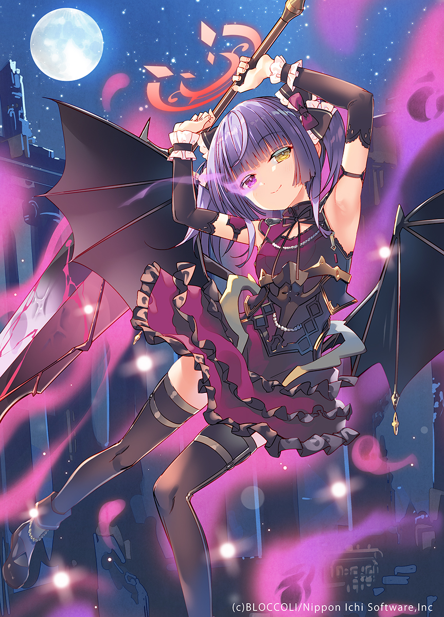 1girl, arikawa_satoru, armpits, arms_up, aura, black_shoes, black_thighhighs, black_wings