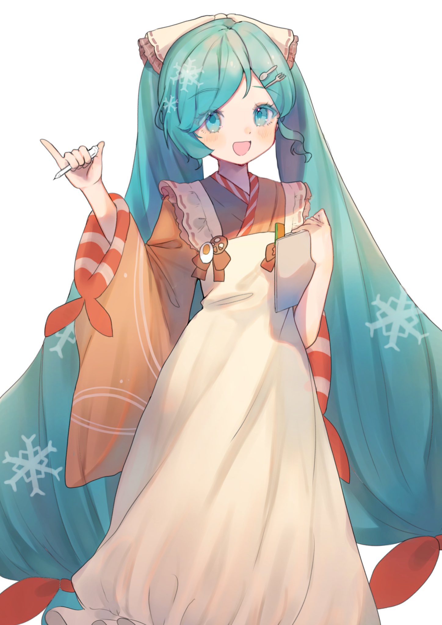 1girl, apron, blush, bow, fork_hair_ornament, frilled_apron, frills, green_eyes