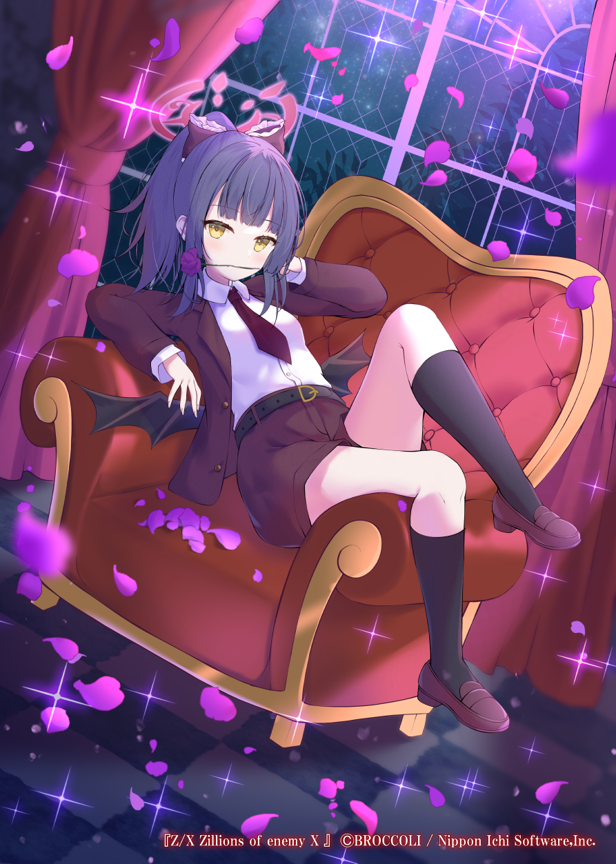1girl, belt, black_belt, black_wings, bow, chair, copyright_notice, curtains