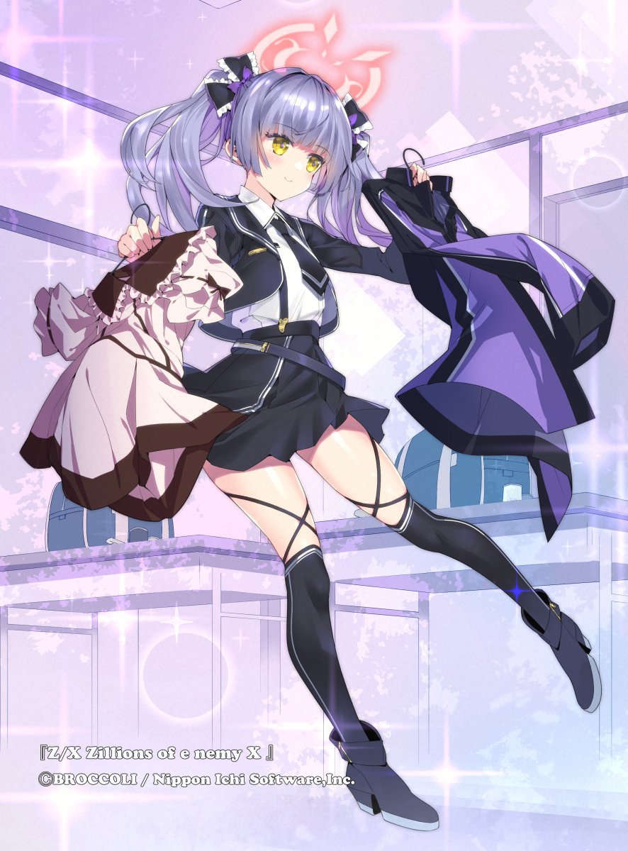1girl, black_jacket, black_shoes, black_skirt, black_thighhighs, closed_mouth, clothes_hanger, copyright_notice