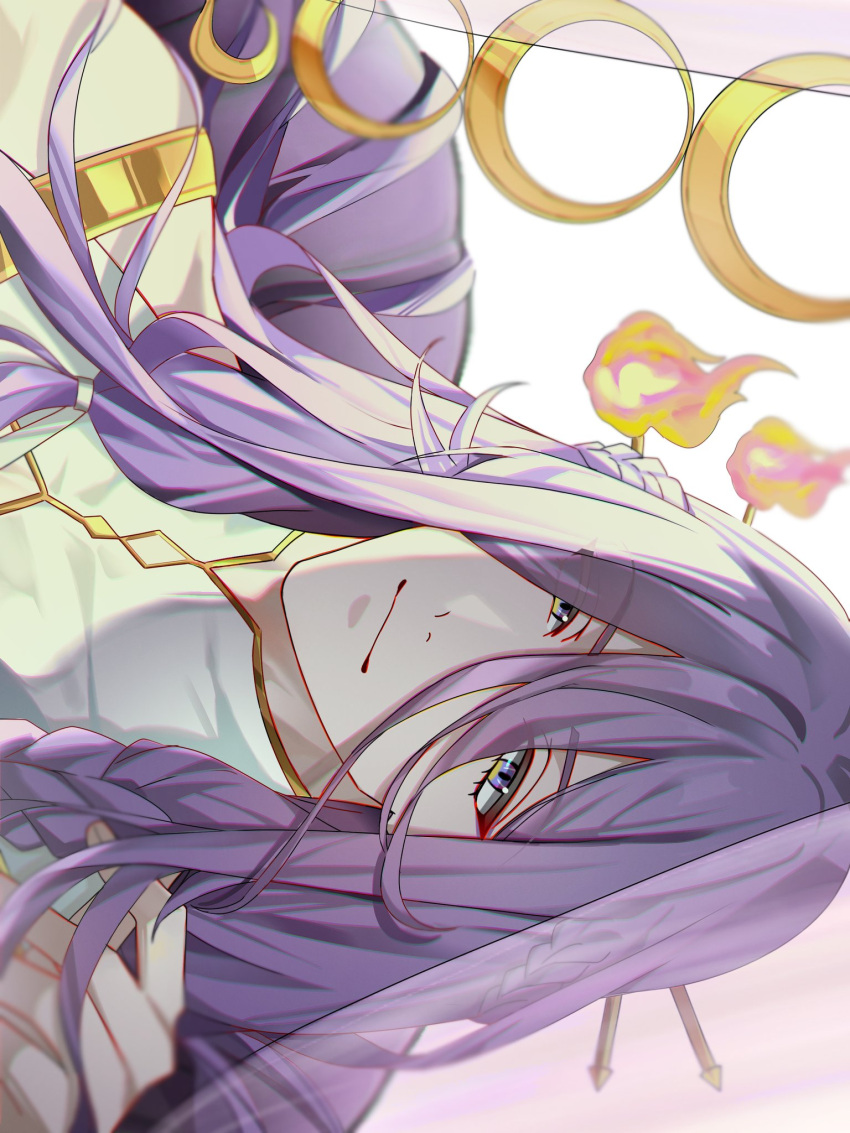 1boy, blue_eyes, braid, first_stage_production, hair_between_eyes, highres, long_hair, looking_at_viewer, male_focus, purple_hair, shiki_katagami, sideways, sly_00, smile, solo, virtual_youtuber, white_background
