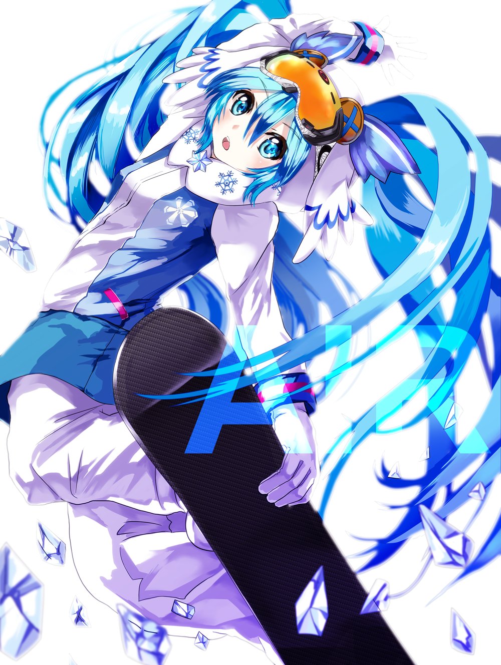 1girl, aqua_eyes, aqua_hair, blue_jacket, blush, commentary_request, gloves, goggles