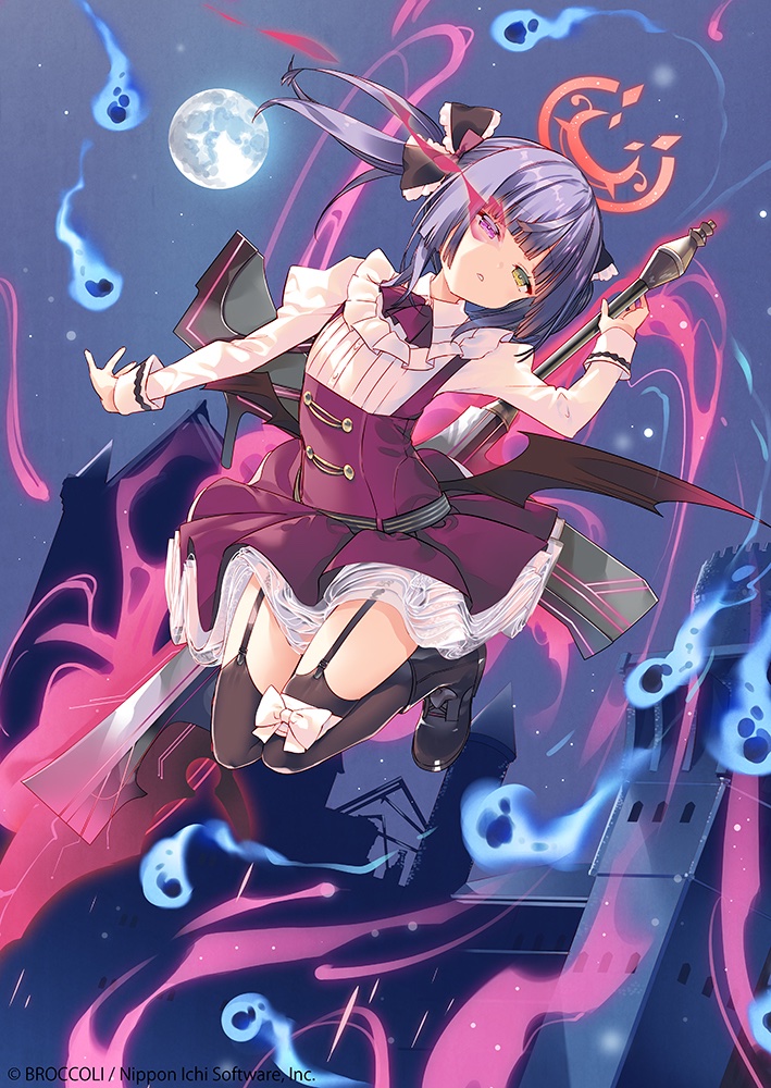 1girl, arikawa_satoru, aura, black_shoes, black_thighhighs, black_wings, bow, building