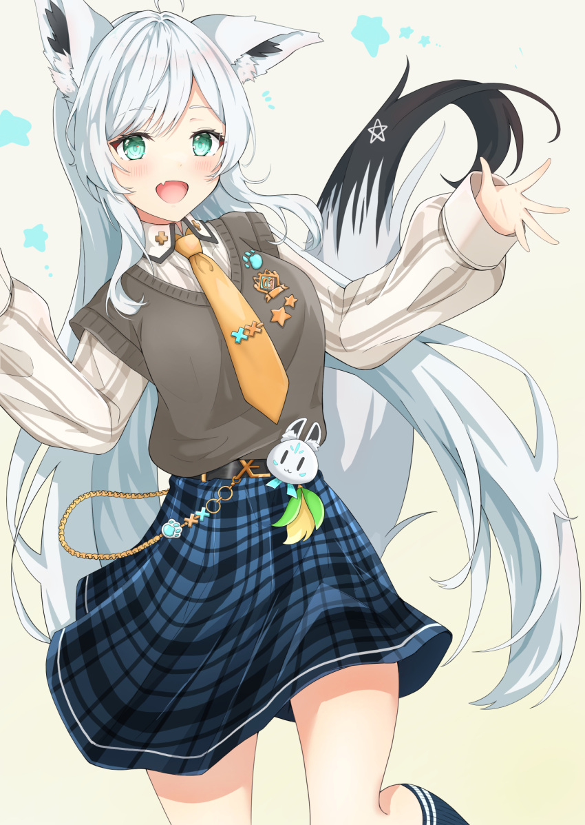 1girl, ahoge, animal_ear_fluff, animal_ears, belt, blue_skirt, blush, braid