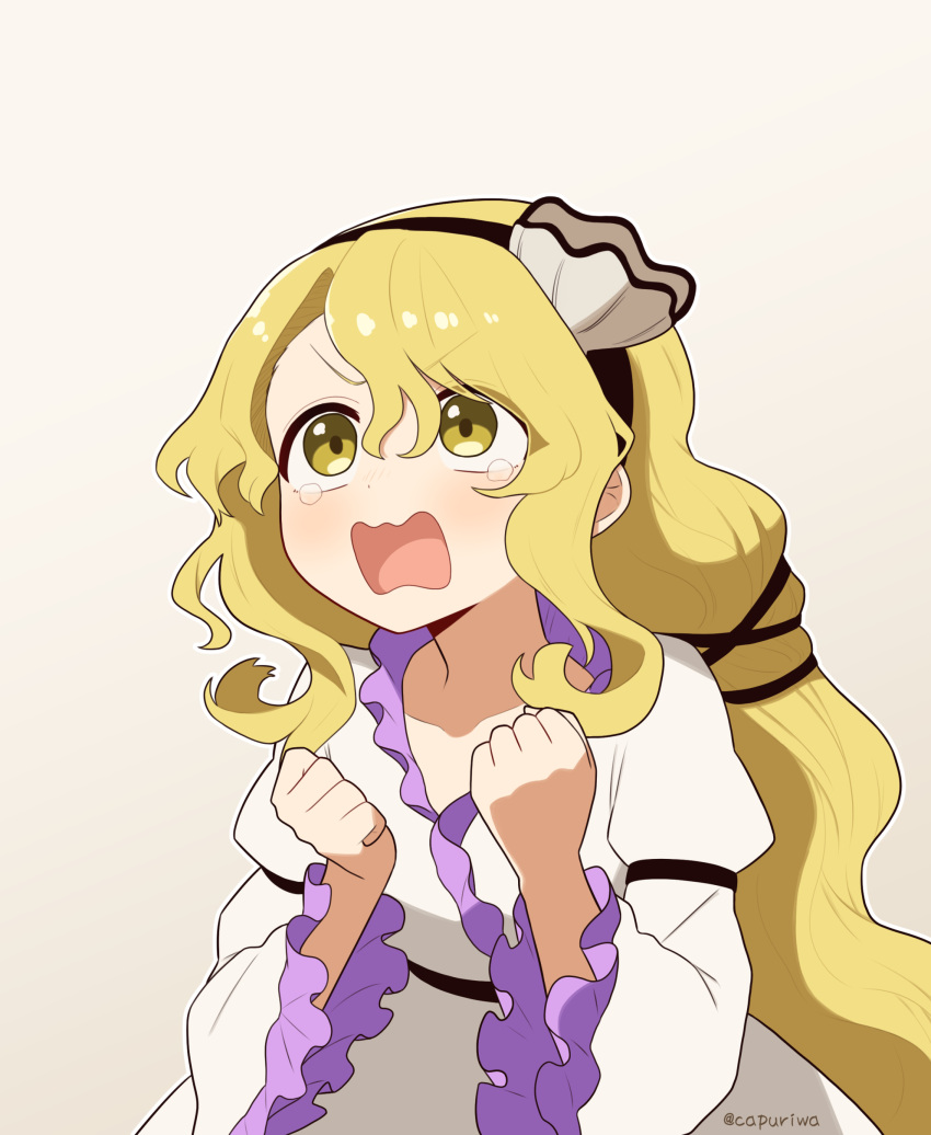 1girl, absurdres, black_hairband, blonde_hair, clenched_hands, commentary, dress, frilled_dress