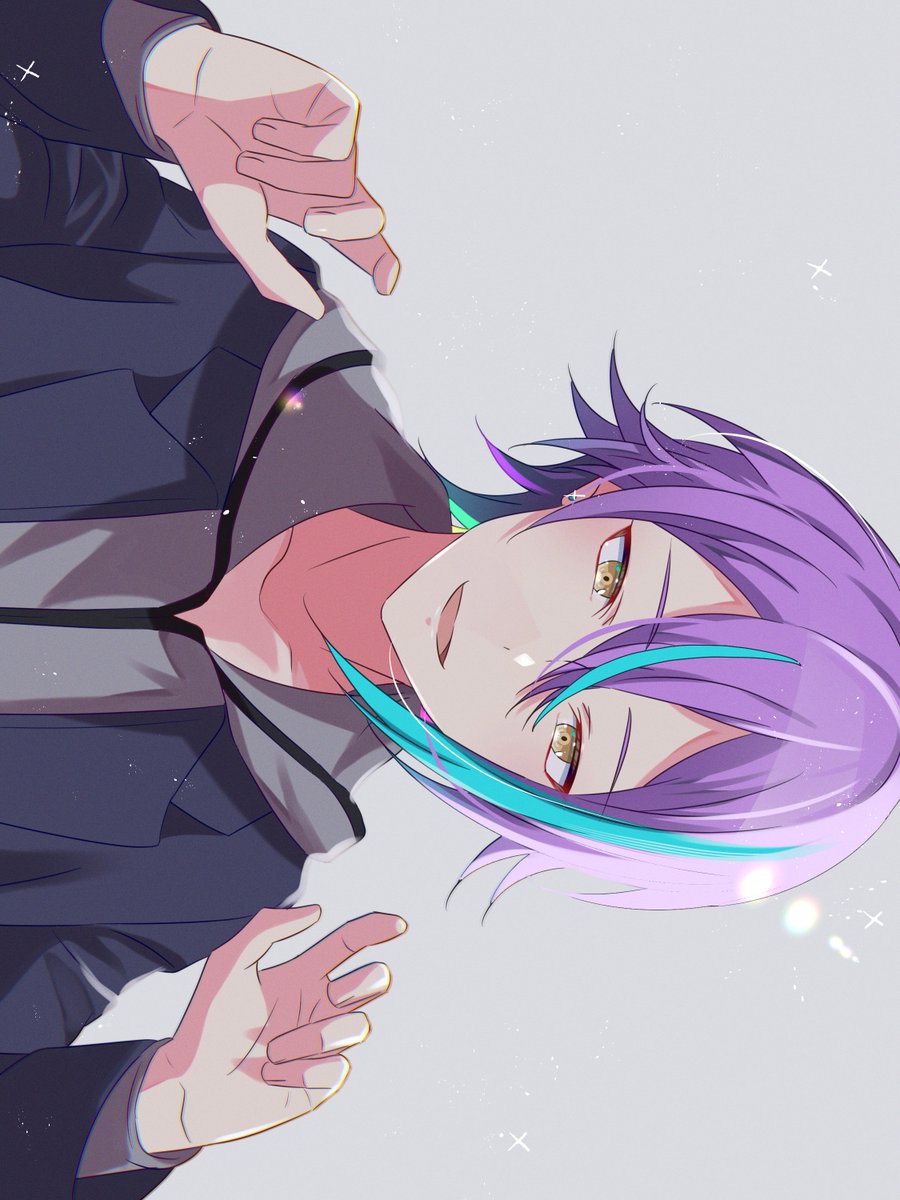 1boy, asymmetrical_sidelocks, blue_hair, commentary, double-parted_bangs, earrings, glint, grey_background