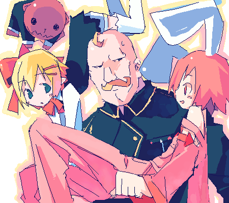 2boys, 2girls, alex_louis_armstrong, animal_ears, anime_coloring, archived_source, asami_natsuhito, bald