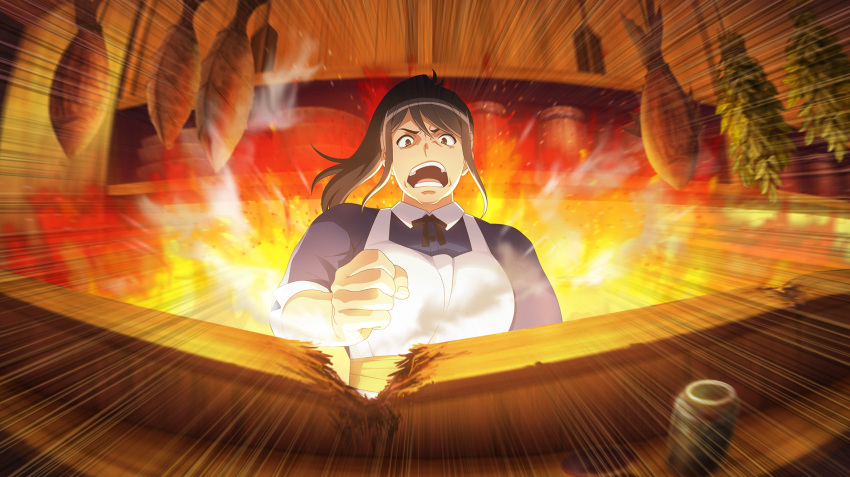 1girl, angry, anime_coloring, apron, black_ribbon, blue_dress, breasts, brown_eyes