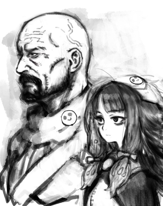 1boy, 1girl, bags_under_eyes, bald, beard, brooch, cape, closed_mouth