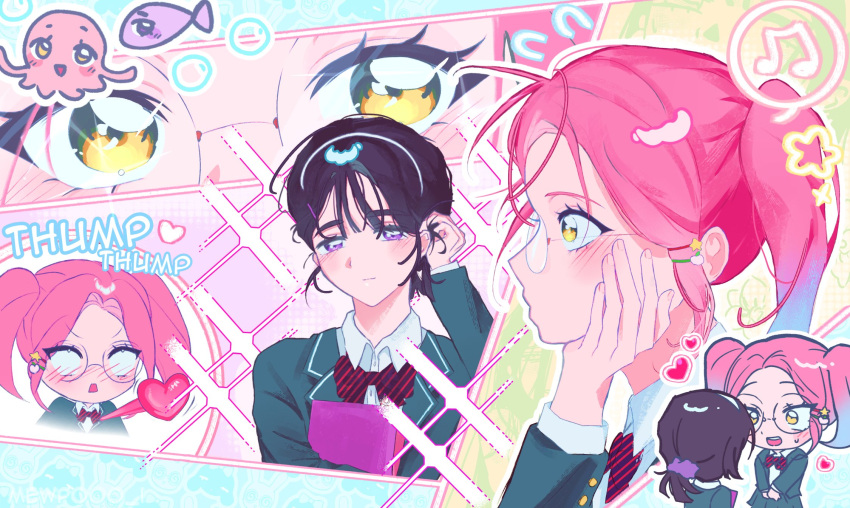 2girls, alien_stage, beamed_eighth_notes, black_bow, black_bowtie, black_hair, black_jacket, blazer, blush, bow, bowtie, commentary, diagonal-striped_bow, diagonal-striped_bowtie, diagonal-striped_clothes, english_commentary, food-themed_hair_ornament, glasses, hair_ornament, hair_scrunchie, hairband, heart, heartbeat, highres, jacket, mewpooo_ii, mizi_(alien_stage), multiple_girls, musical_note, official_alternate_costume, peach_hair_ornament, pink_hair, ponytail, purple_scrunchie, round_teeth, school_uniform, scrunchie, short_ponytail, spoken_musical_note, star_(symbol), star_hair_ornament, striped_bow, striped_bowtie, striped_clothes, sua_(alien_stage), teeth, twintails, violet_eyes, white_hairband, yellow_eyes