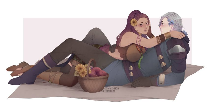 1boy, 1girl, ashe_ubert, ashe_ubert_(timeskip), bare_shoulders, basket, between_legs, breasts