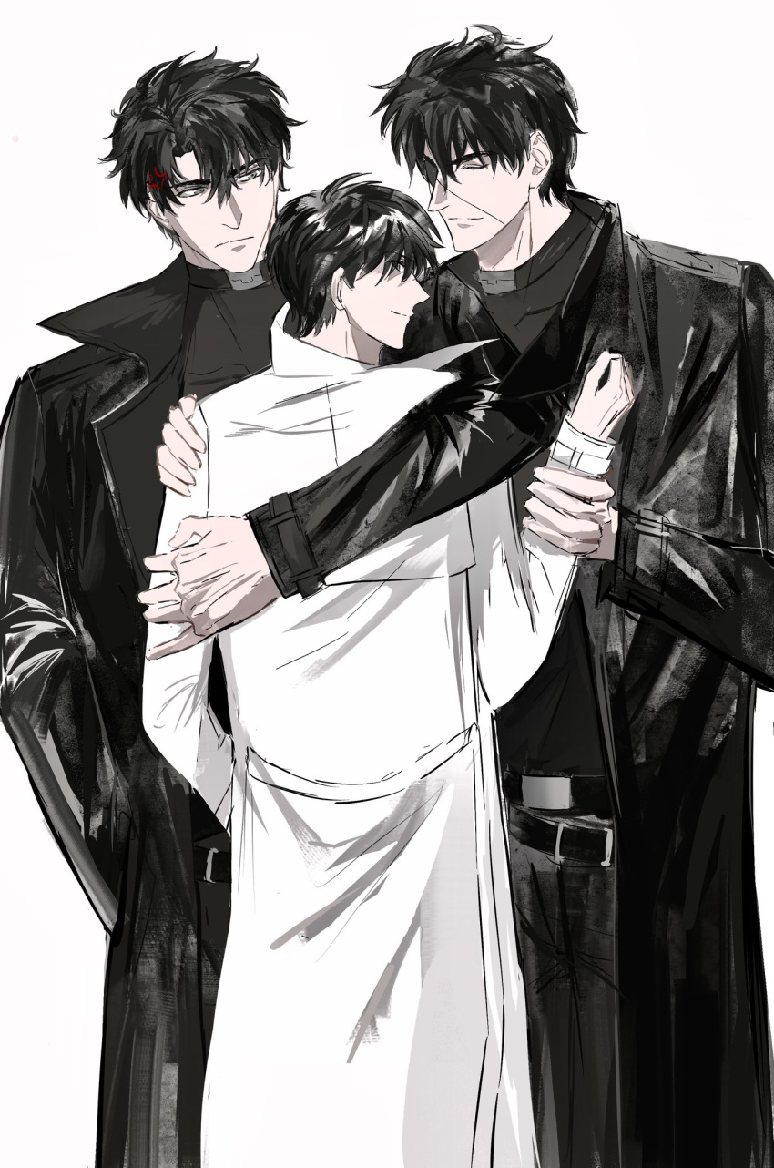 3boys, 8d2suga9, anger_vein, arm_around_shoulder, black_coat, black_hair, black_shirt, closed_eyes