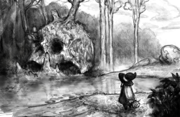 1girl, day, facing_away, from_behind, giant_skull, greyscale, hat, long_hair