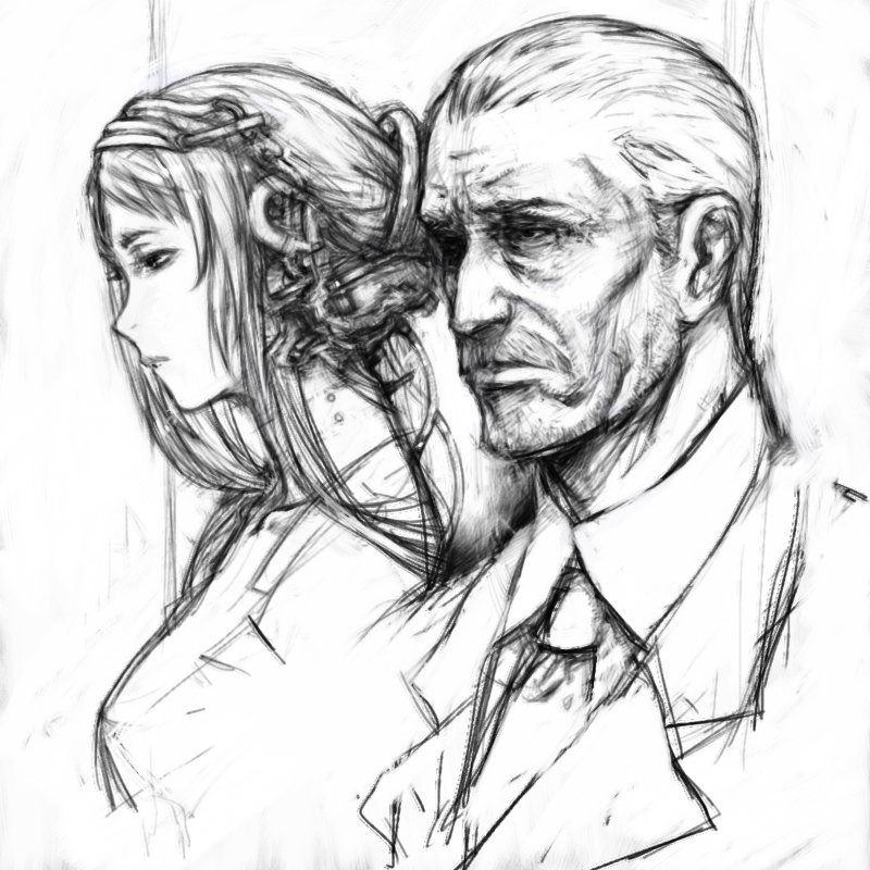 1boy, 1girl, android, beard_stubble, breasts, cable, collared_shirt, commentary_request