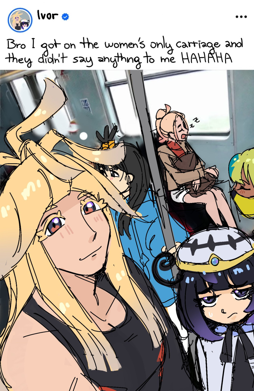 1boy, 4girls, bandeau, black_dress, black_hair, black_shirt, blonde_hair, brother_and_sister