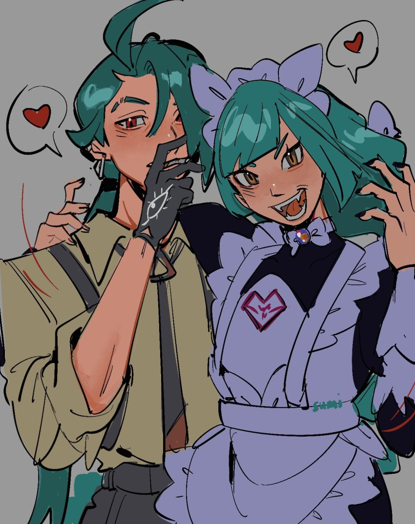 2girls, :d, ahoge, apron, black_nails, bow, bowtie, brown_eyes, collared_shirt, earrings, gloves, green_hair, grey_background, hand_up, headdress, heart, highres, jewelry, lebanne_(pokemon), long_hair, looking_at_viewer, mei_(manjunii), multiple_girls, nail_polish, necktie, open_mouth, pants, pokemon, pokemon_legends:_z-a, pokemon_sv, ponytail, rika_(pokemon), shirt, smile, spoken_heart, teeth, tongue