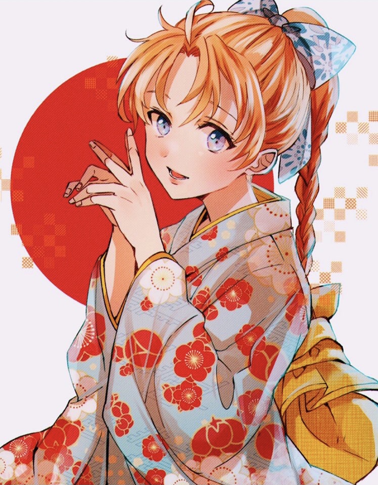 1girl, alternate_costume, blue_eyes, blue_kimono, blush, bokujou_monogatari, bokujou_monogatari_2, bow