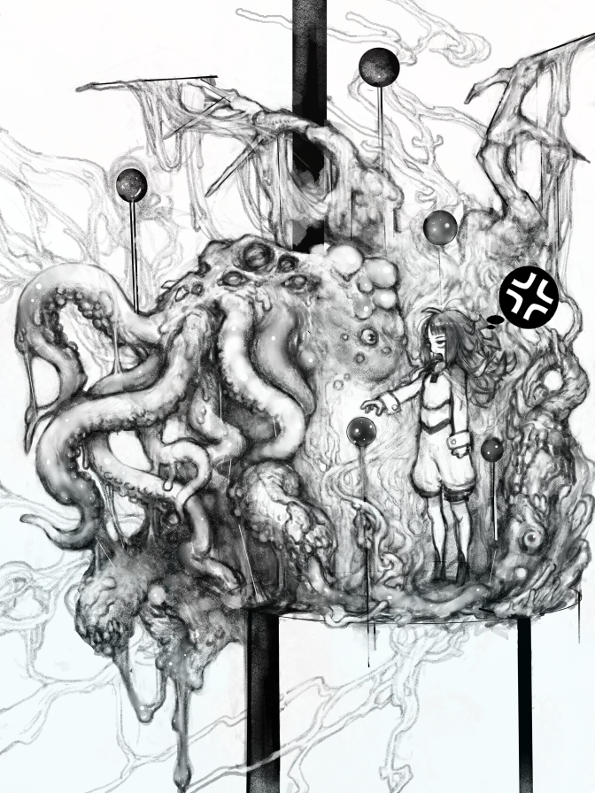 1girl, anger_vein, boots, breasts, cropped_shirt, cthulhu, eyeball, greyscale