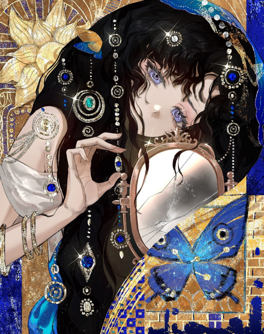 1girl, bare_shoulders, black_hair, blue_butterfly, blue_veil, broken_mirror, bug, butterfly