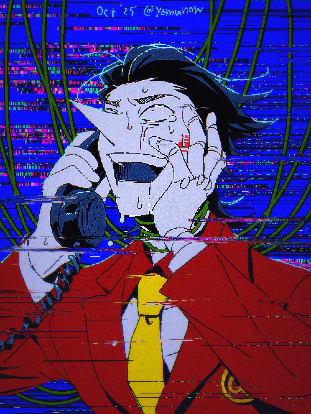 1boy, black_hair, cable, collared_shirt, corded_phone, crying, crying_with_eyes_open, dated
