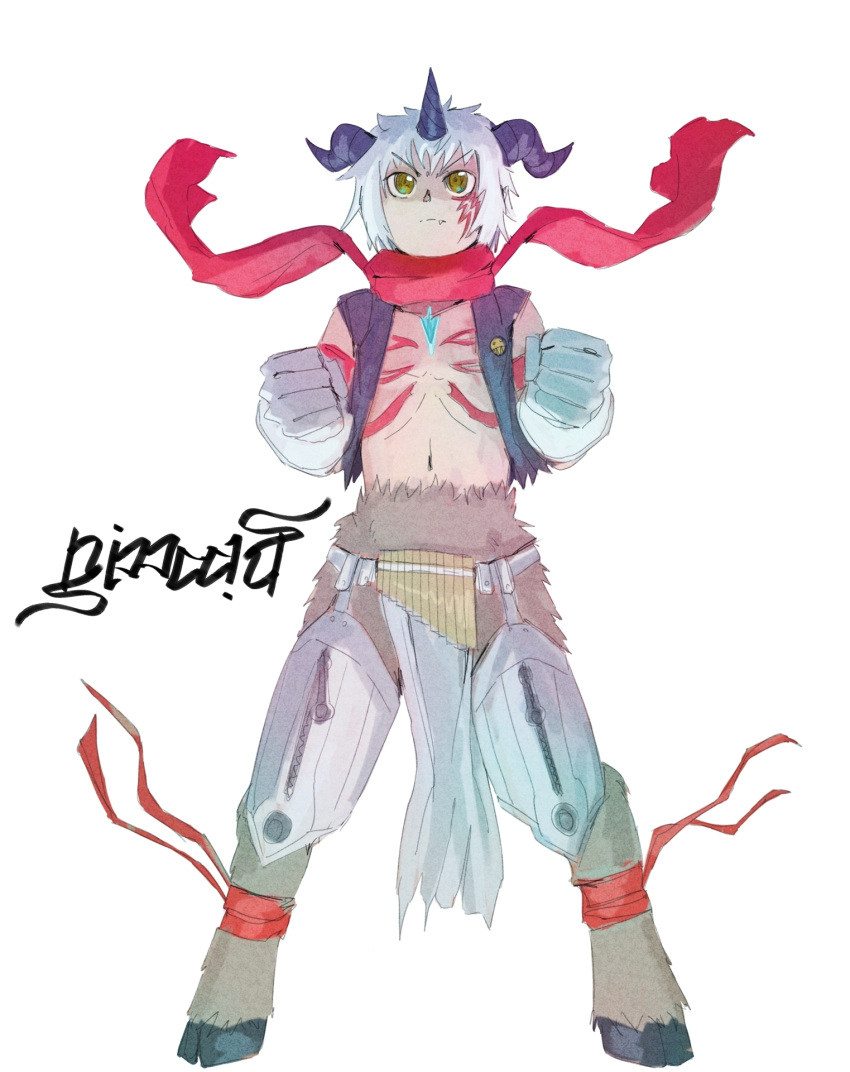 1boy, aegiomon, animal_legs, black_horns, black_vest, chest_jewel, digimon, digimon_(creature)