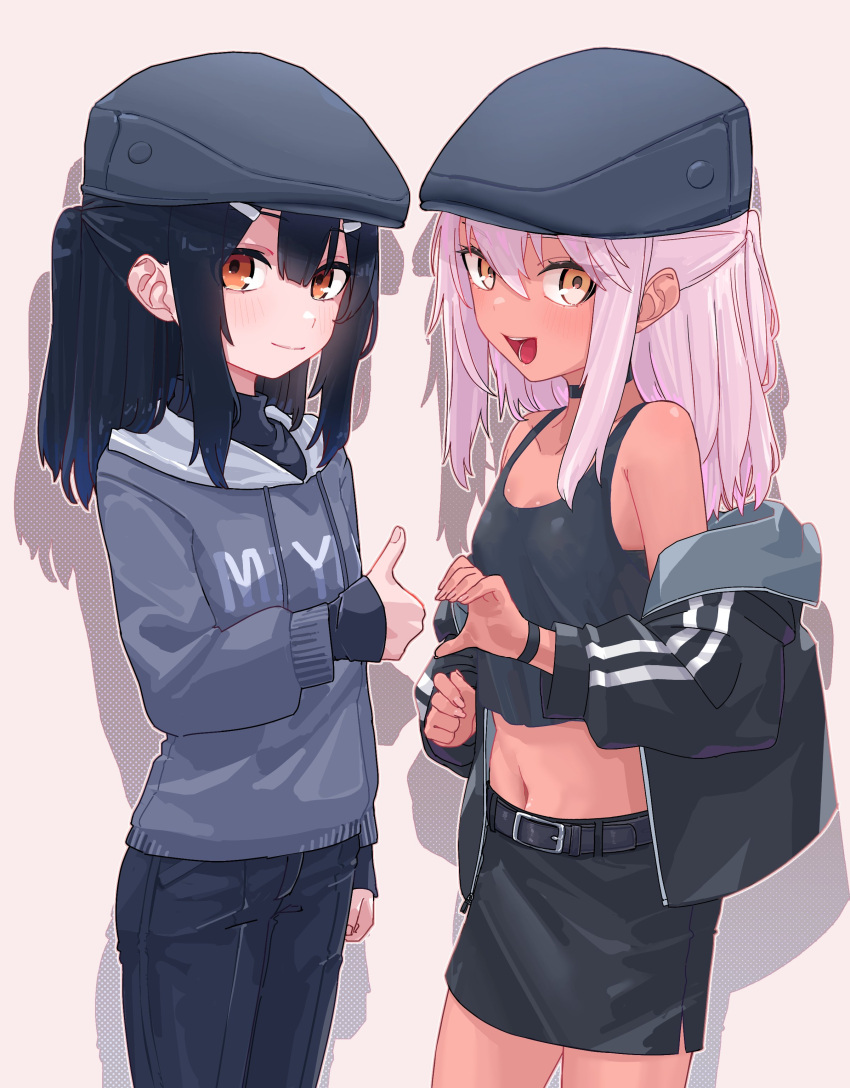 2girls, :d, absurdres, bare_shoulders, belt, black_choker, black_hair, black_hat