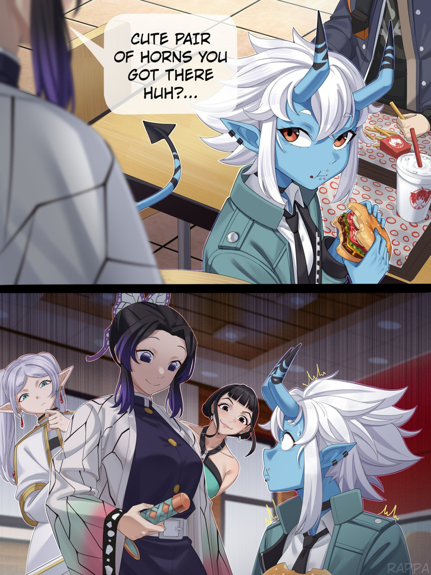 1boy, 4girls, ^^^, artist_name, black_necktie, blue_horns, blue_skin, burger, butterfly_hair_ornament, character_request, colored_skin, commentary, copyright_request, crossover, cup, demon_slayer_uniform, drinking_straw, earrings, eating, elf, english_commentary, food, frieren, green_eyes, green_jacket, grey_hair, hair_ornament, highres, holding, holding_burger, holding_food, holding_sword, holding_weapon, horns, indoors, jacket, japanese_clothes, jewelry, katana, kimetsu_no_yaiba, kochou_shinobu, long_sleeves, looking_at_another, multiple_girls, necktie, oni, pocky, pointy_ears, purple_hair, rappa_(sirrappa), red_eyes, shirt, short_hair, sitting, soukaku_(zenless_zone_zero), sousou_no_frieren, sword, table, tail, twintails, violet_eyes, weapon, white_hair, white_shirt, wise_(zenless_zone_zero), zenless_zone_zero