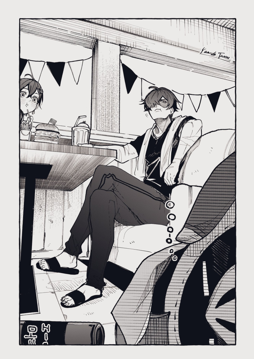 03_kyv, 1boy, 1girl, 1other, bangboo_(zenless_zone_zero), belle_(zenless_zone_zero), black_shirt, black_slippers