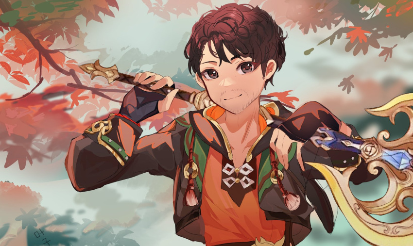 1boy, animification, beard_stubble, black_gloves, blurry, blurry_background, brown_eyes, brown_hair, caleb_yen, chinese_clothes, collarbone, commentary, cosplay, english_commentary, facial_hair, fingerless_gloves, gaming_(genshin_impact), gaming_(genshin_impact)_(cosplay), genshin_impact, gloves, grey_hood, highres, holding, holding_weapon, hood, hooded_jacket, jacket, kanako_(fuwachu), leaf, long_sleeves, looking_at_viewer, male_focus, real_life, red_shirt, shirt, sideburns, smile, solo, stubble, tassel, tree, upper_body, voice_actor, voice_actor_connection, weapon, weapon_on_back, weapon_request