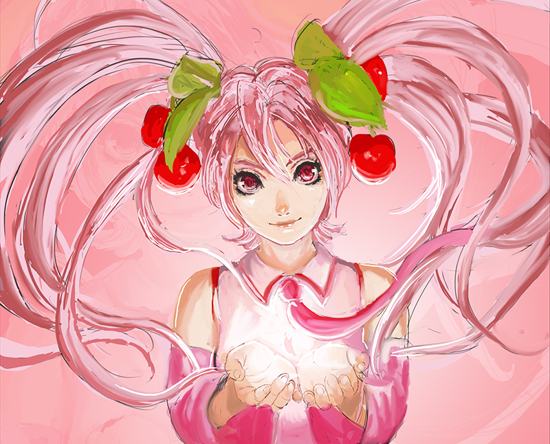 cherry, cherry_blossoms, cherry_hair_ornament, cherry_hat_ornament, detached_sleeves, food, food-themed_hair_ornament, fruit, hair_ornament, hatsune_miku, iraken, necktie, pink_eyes, pink_hair, pink_necktie, pink_skirt, pink_sleeves, pink_theme, sakura_miku, skirt, spring_(season), twintails, vocaloid