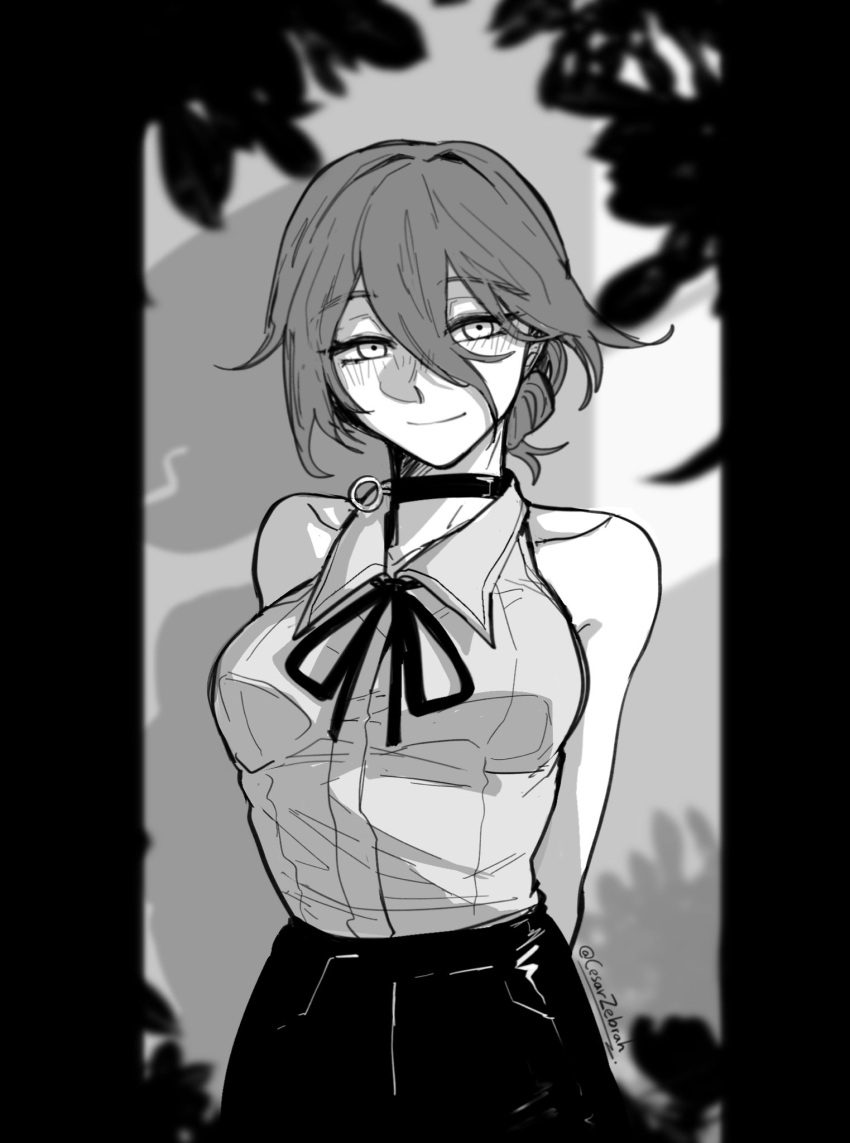 1girl, arms_behind_back, artist_name, bare_shoulders, blurry, blurry_background, blush, bomb_devil_(chainsaw_man)