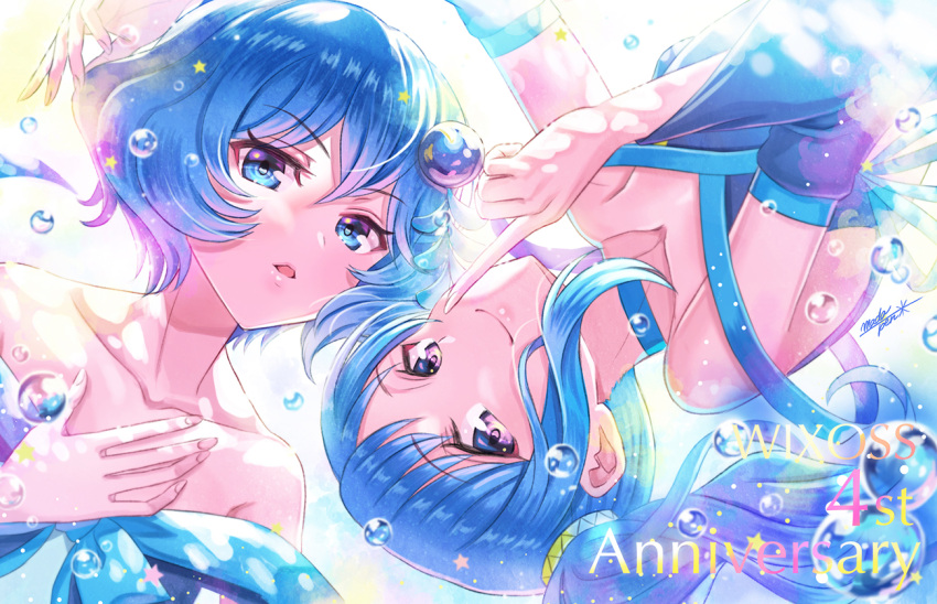 2girls, blue_choker, blue_dress, blue_eyes, blue_hair, choker, closed_mouth, dress