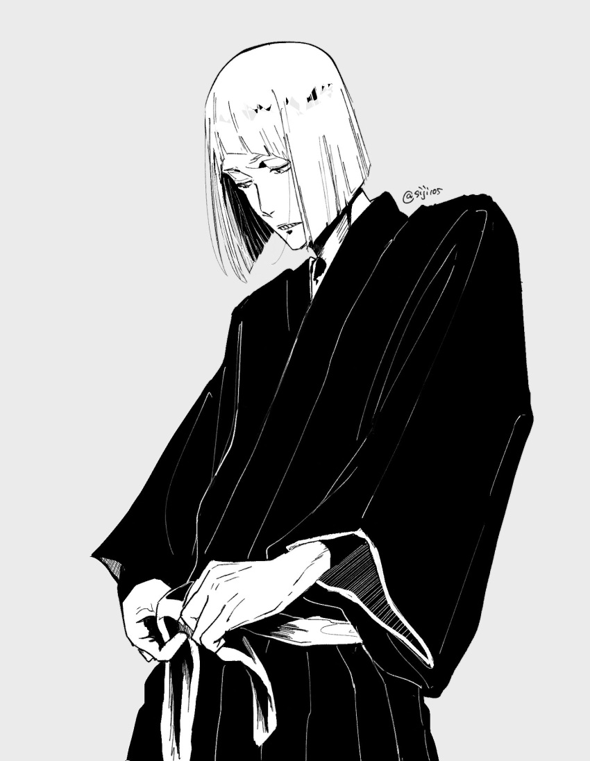 1boy, bleach, blunt_bangs, blunt_ends, bob_cut, cowboy_shot, grey_background, greyscale