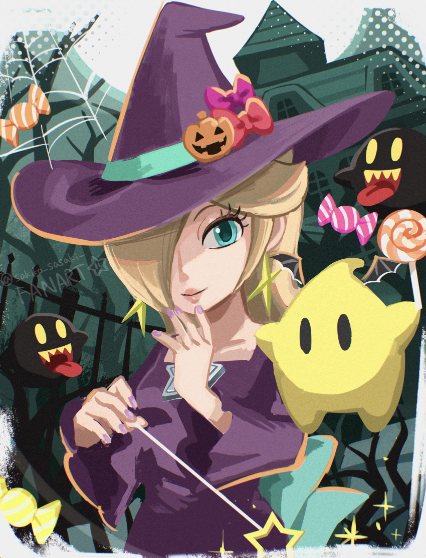 1girl, absurdres, blonde_hair, blue_eyes, bomb_boo, boo_(mario), bow, breasts