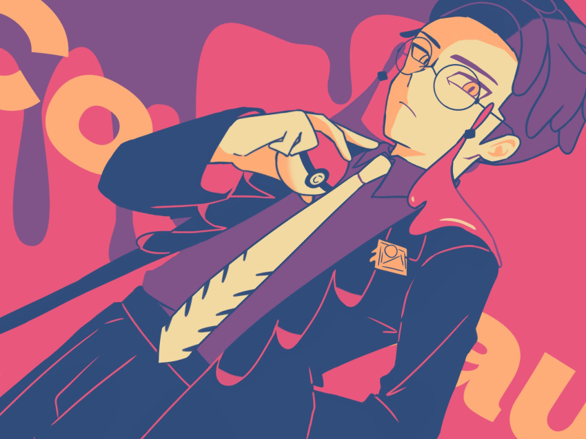 1boy, black-framed_eyewear, black_jacket, black_pants, closed_mouth, collared_shirt, corbeau_(pokemon), eyewear_strap
