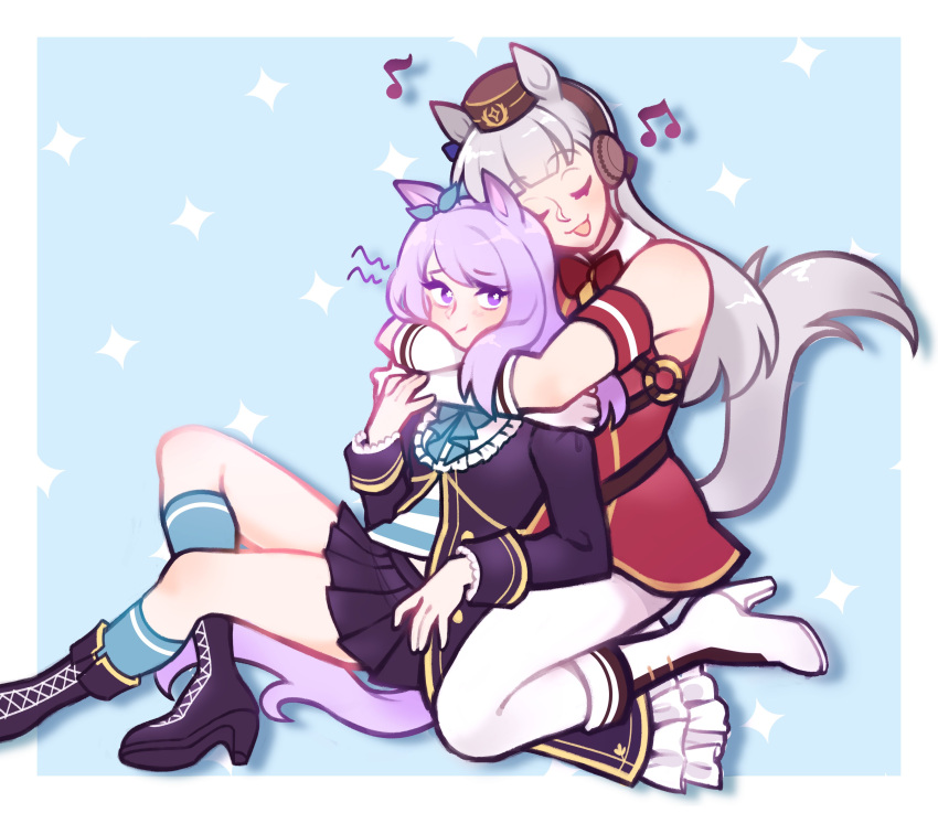 2girls, absurdres, animal_ears, aqua_bow, aqua_bowtie, aqua_ribbon, aqua_socks, armband