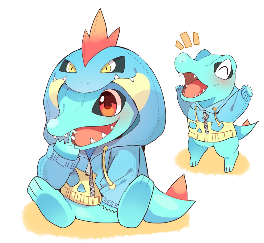 blue_hoodie, blush, closed_eyes, clothed_pokemon, cosplay, fangs, feraligatr, feraligatr_(cosplay)