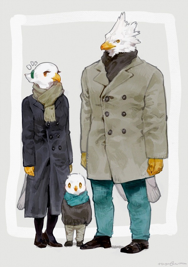1girl, 2boys, bird, bird_boy, bird_girl, black_coat, child, coat