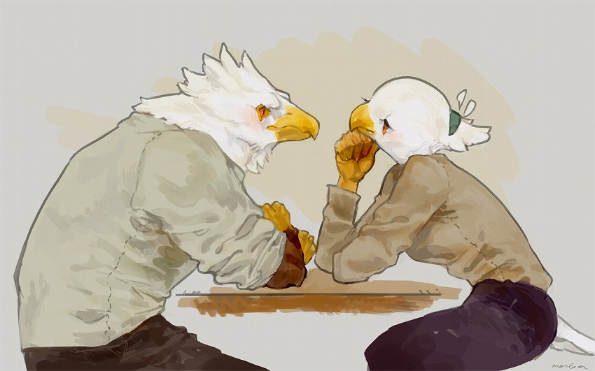 1boy, 1girl, bird, bird_boy, bird_girl, commentary_request, cowboy_shot, eagle
