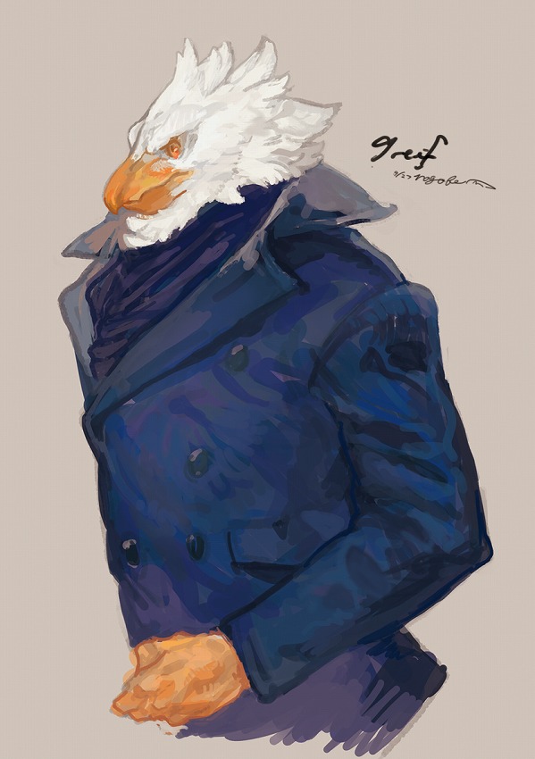 1boy, bird, bird_boy, blue_coat, brown_background, coat, commentary_request, cropped_torso