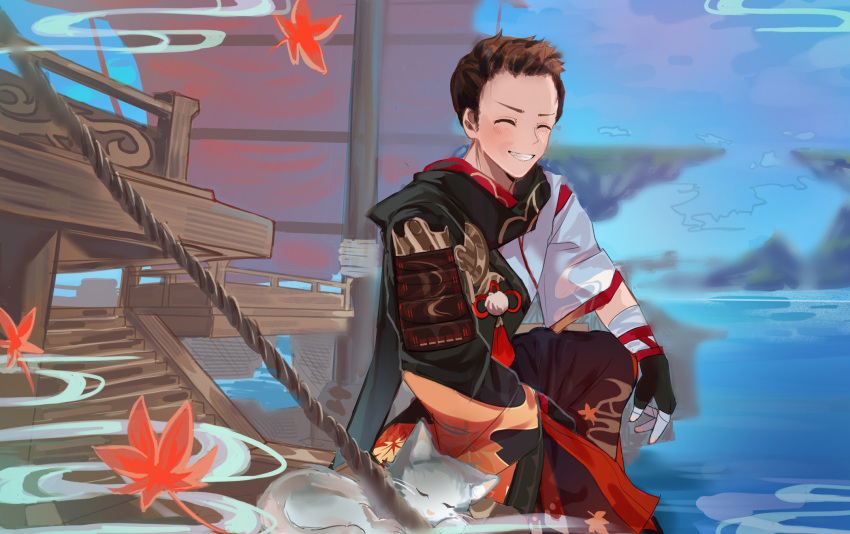 1boy, animification, armor, bandaged_hand, bandages, black_gloves, black_scarf, blue_sky, brown_hair, cat, closed_eyes, commentary, cosplay, english_commentary, falling_leaves, floating_island, genshin_impact, gloves, grin, hakama, hakama_shorts, highres, japanese_armor, japanese_clothes, kaedehara_kazuha, kaedehara_kazuha_(cosplay), kanako_(fuwachu), leaf, leaf_print, male_focus, maple_leaf, maple_leaf_print, mark_whitten, mast, mountainous_horizon, on_one_knee, open_mouth, partially_fingerless_gloves, real_life, rope, sail, sailing_ship, scarf, ship, short_hair, shorts, sideburns, sky, sleeping, smile, solo, stairs, tassel, teeth, voice_actor, voice_actor_connection, water, watercraft, white_cat, wide_sleeves
